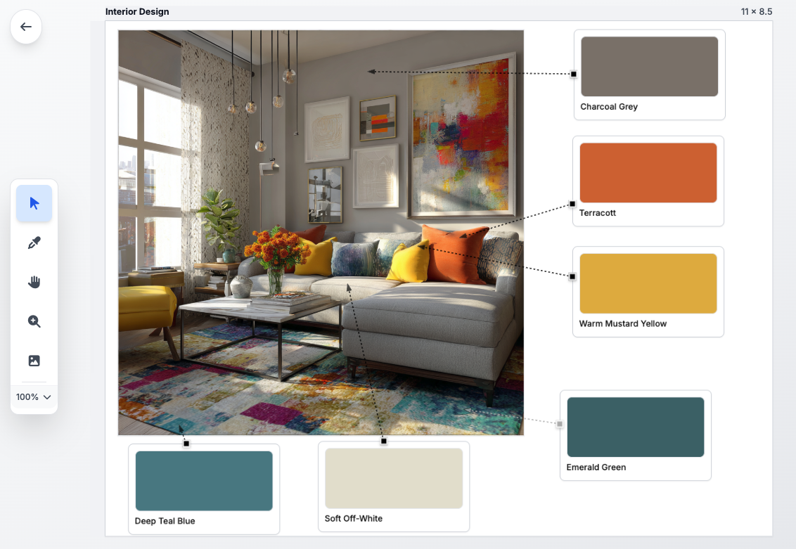 Interior design photo with color swatches